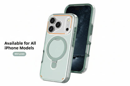 Mint green phone case for iPhone 17 Pro with a stand and magnetic circle feature.