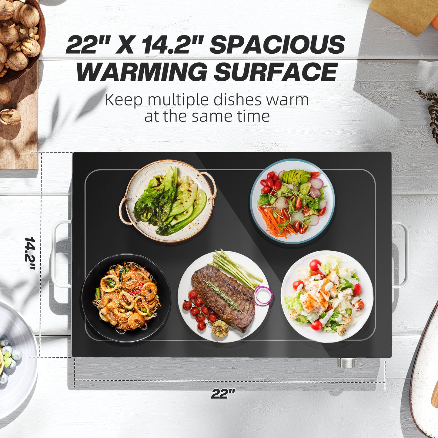 Electric Food Warming Tray 300W - Large 22" Buffet Warmer with Adjustable Temperature & Cool-Touch Handles