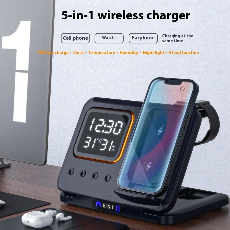 5-in-1 Wireless Charging Station with LED Clock & 15W Fast Charge for Phone Watch Earbuds