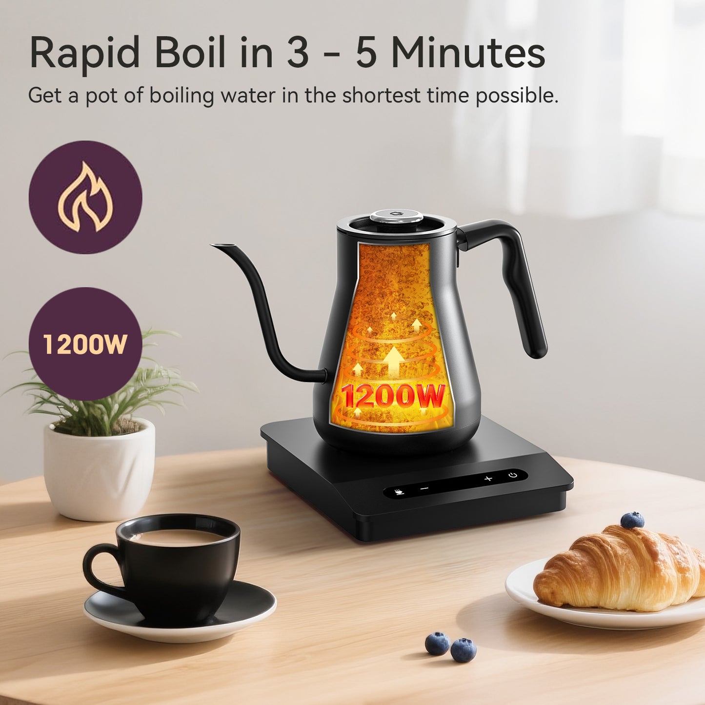 Gooseneck Electric Kettle with Temperature Control - 1200W Fast Boil for Pour Over Coffee & Tea