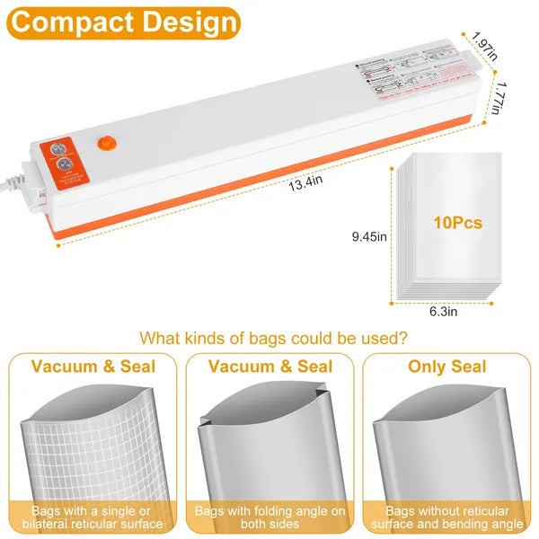 Vacuum Sealer Machine - Compact Food Sealer with 10 Bags, Seals in 6 Seconds