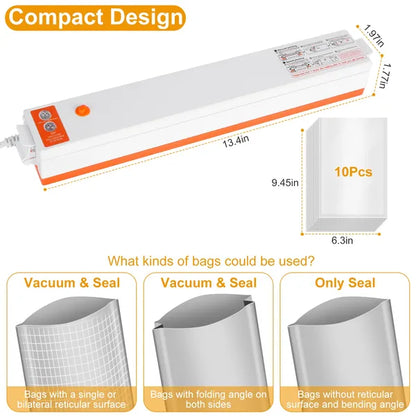Vacuum Sealer Machine - Compact Food Sealer with 10 Bags, Seals in 6 Seconds