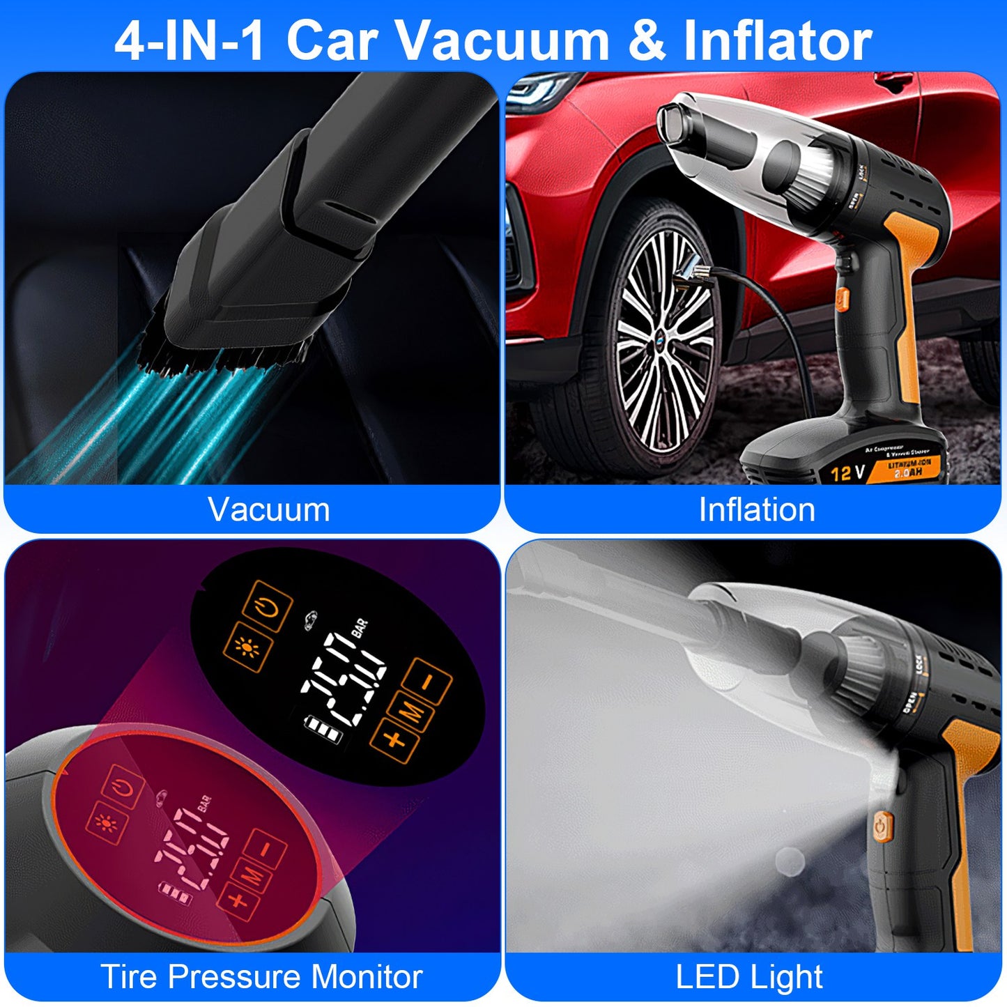 Cordless Car Vacuum Cleaner And Tire Inflator - 4 in 1